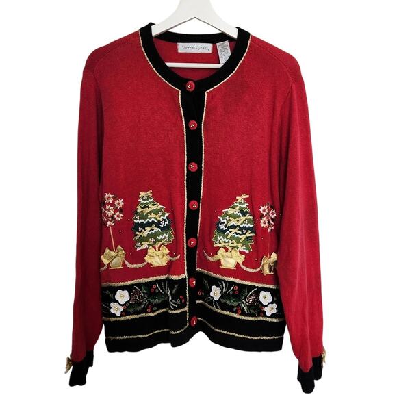 Vintage Victoria jones Red Knit Christmas Themed Cardigan Sweater XL - Picture 1 of 7